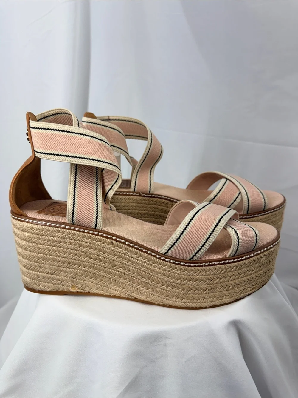 Tory Burch Pink and Cream Striped Espadrille Wedge Sandals